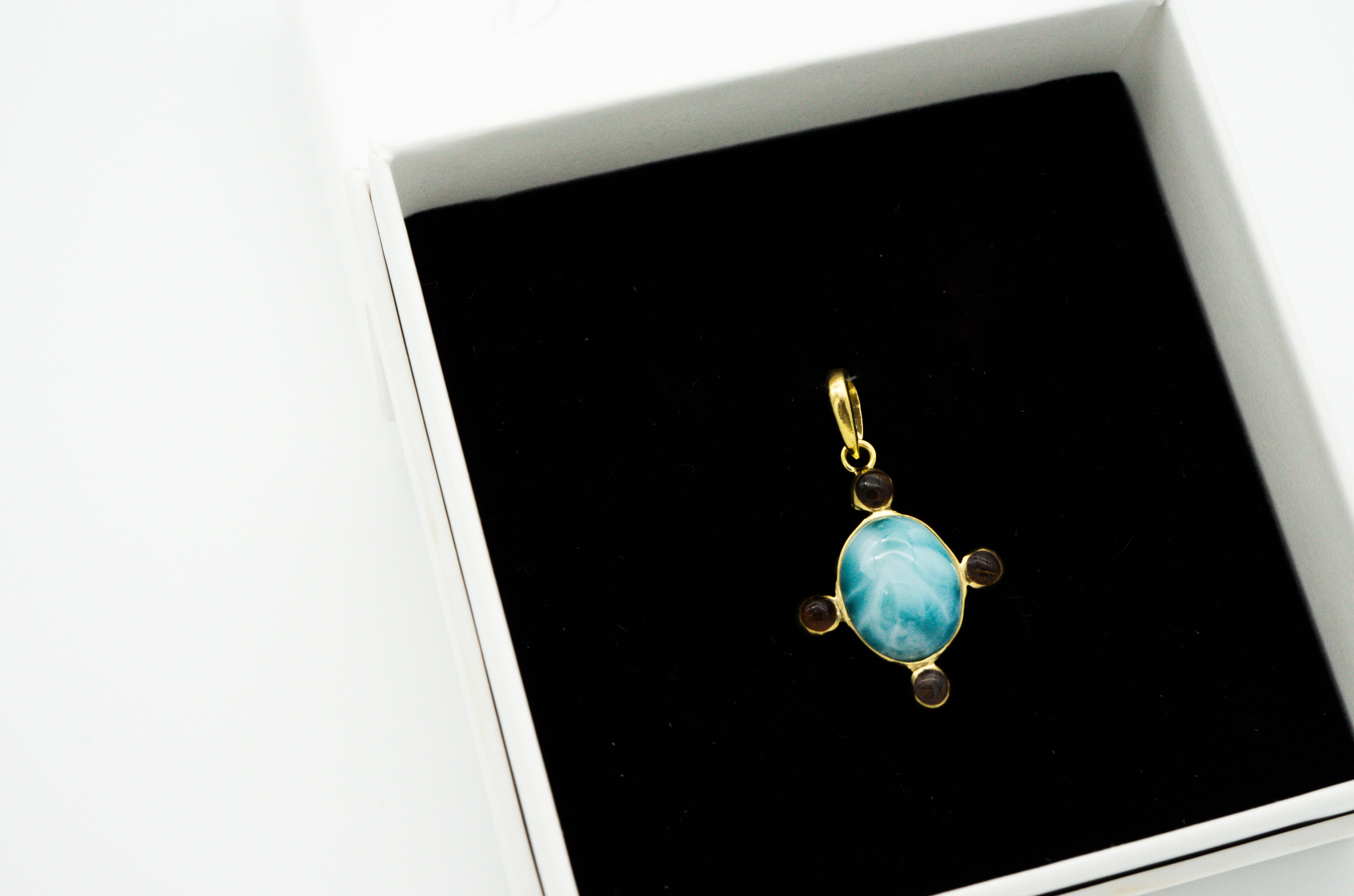 Larimar stone and amber resin round cross pendant Bleu Ambr Jewelry