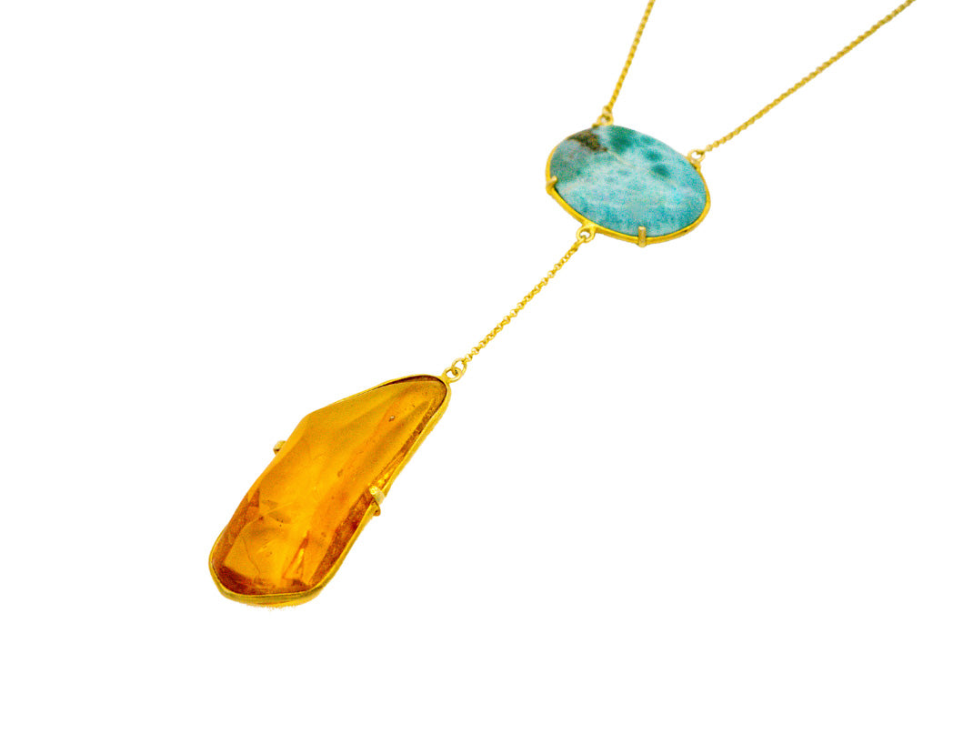 Amber and larimar oddly shaped necklace