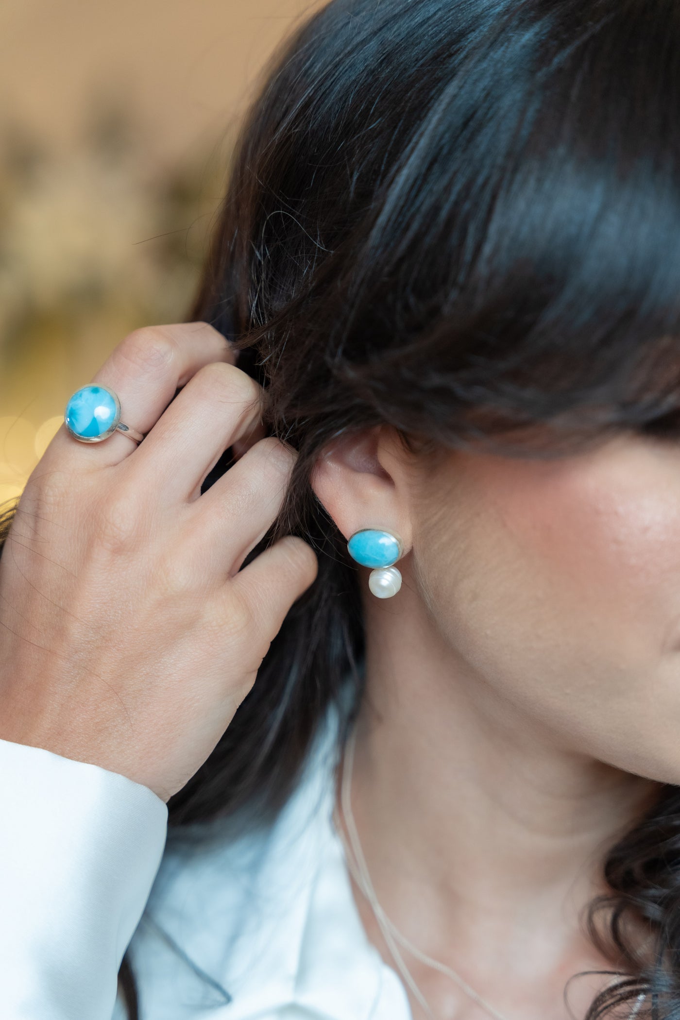 BA delicate pearl and larimar stone earring