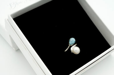 Ba delicate pearl and larimar stone sterling silver ring. Reach for a delicate and exquisite ring that plays with larimar stone and a beautiful pearl.
