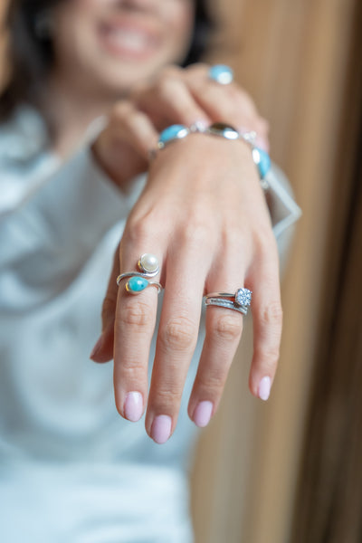 Ba delicate pearl and larimar stone sterling silver ring. Reach for a delicate and exquisite ring that plays with larimar stone and a beautiful pearl.
