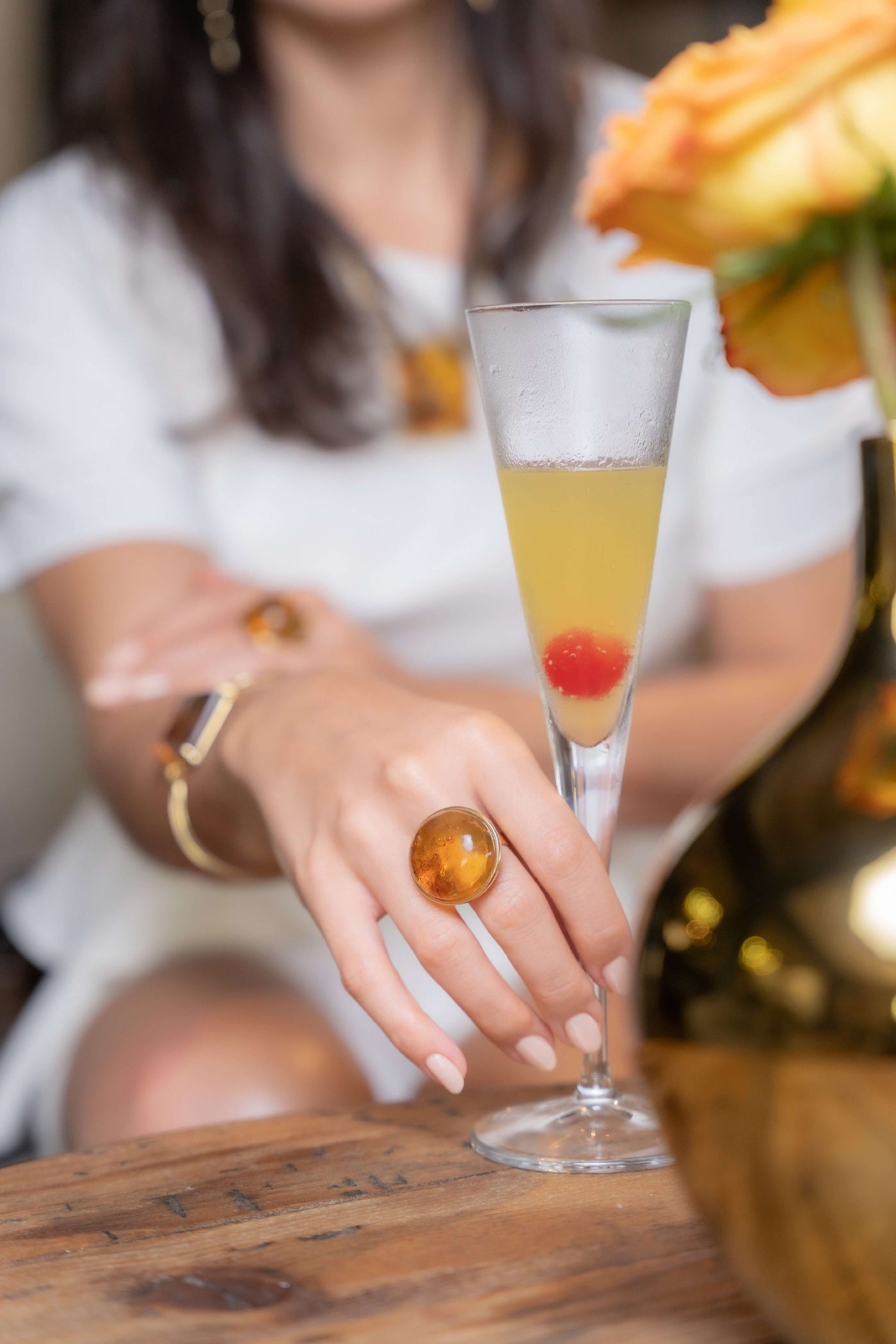 Amber resin round shaped ring in sterling silver gold-plated