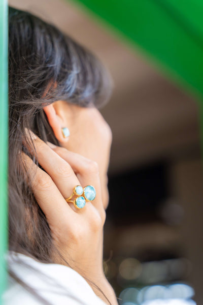 3 larimar stones round shaped ring in sterling silver gold-plated