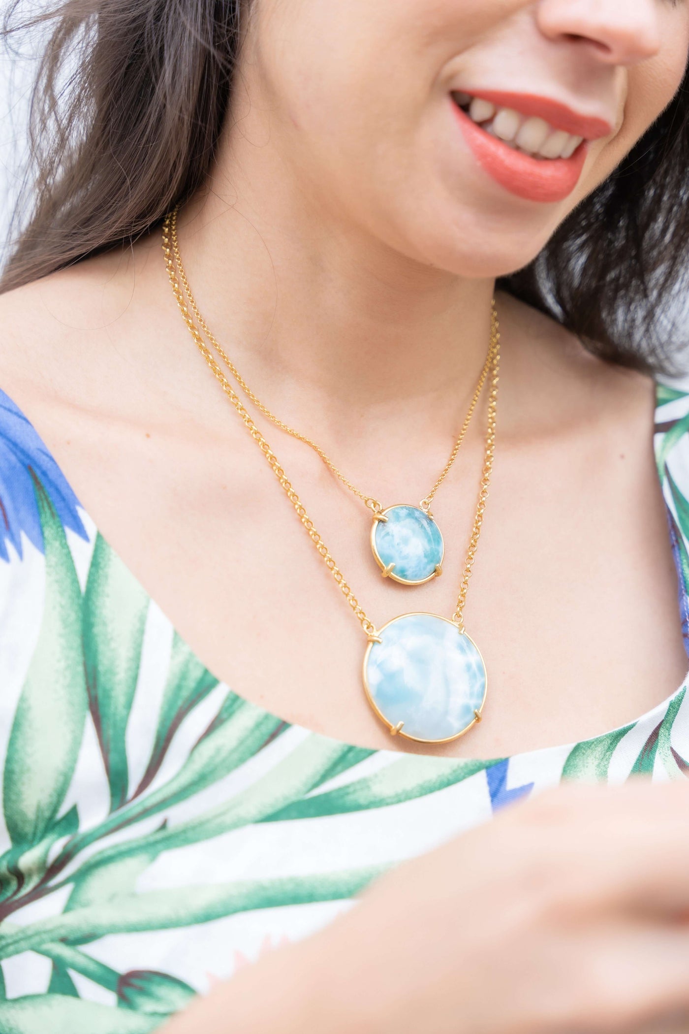 Larimar stone round shaped necklace in sterling silver gold-plated