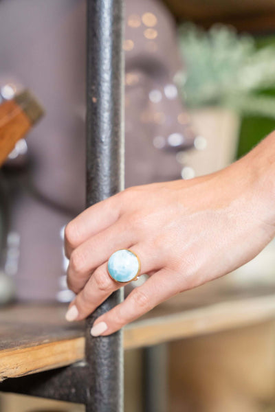 Larimar stone round shape ring in sterling silver gold-plated