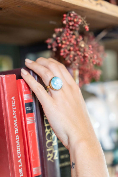 Larimar stone round shape ring in sterling silver gold-plated
