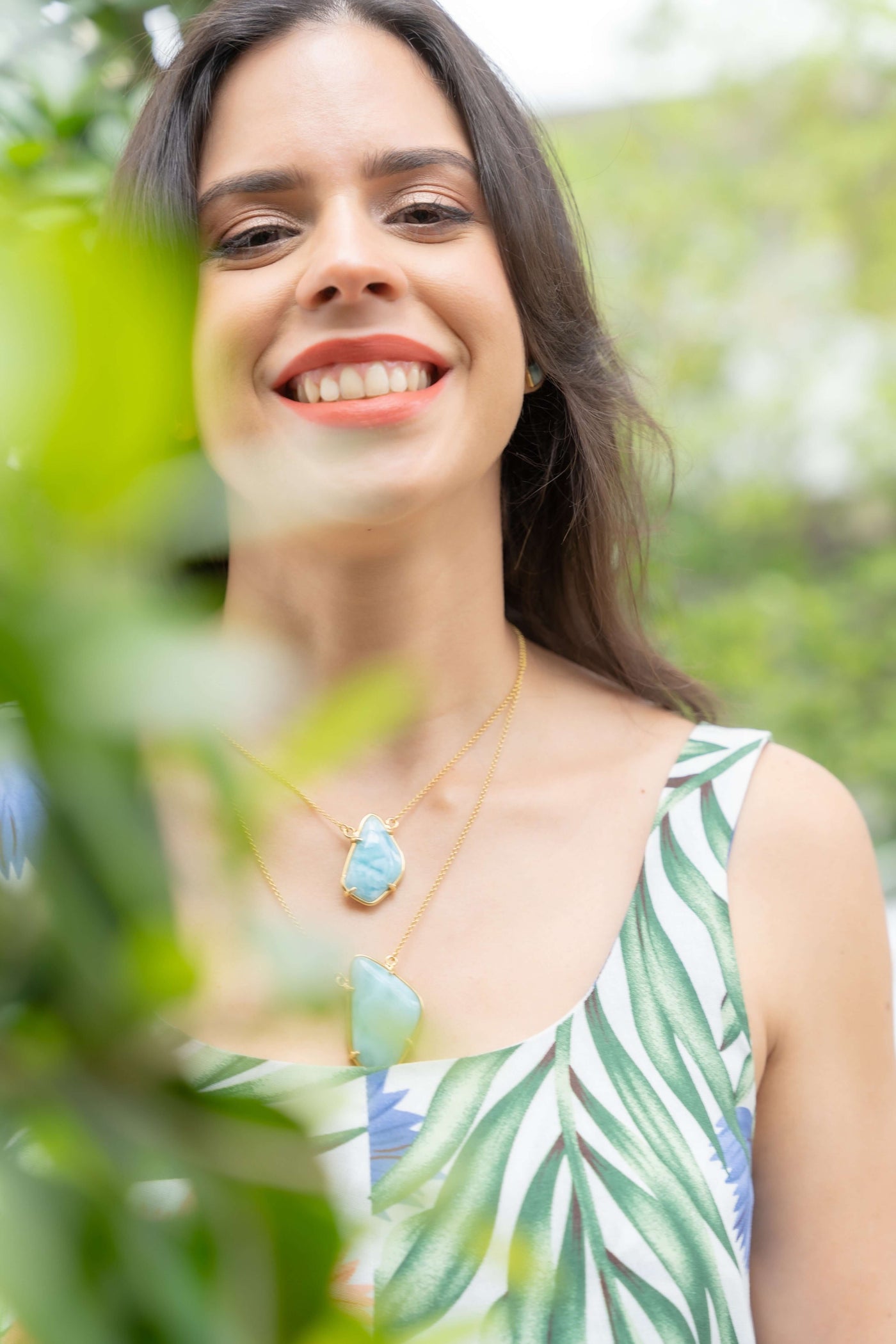 Larimar stone oddly shaped necklace in sterling silver gold-plated