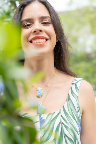 Larimar stone oddly shaped necklace in sterling silver gold-plated