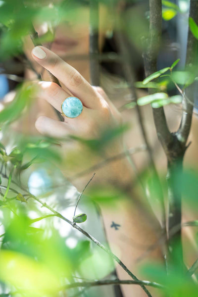 Larimar stone round shape ring in sterling silver gold-plated