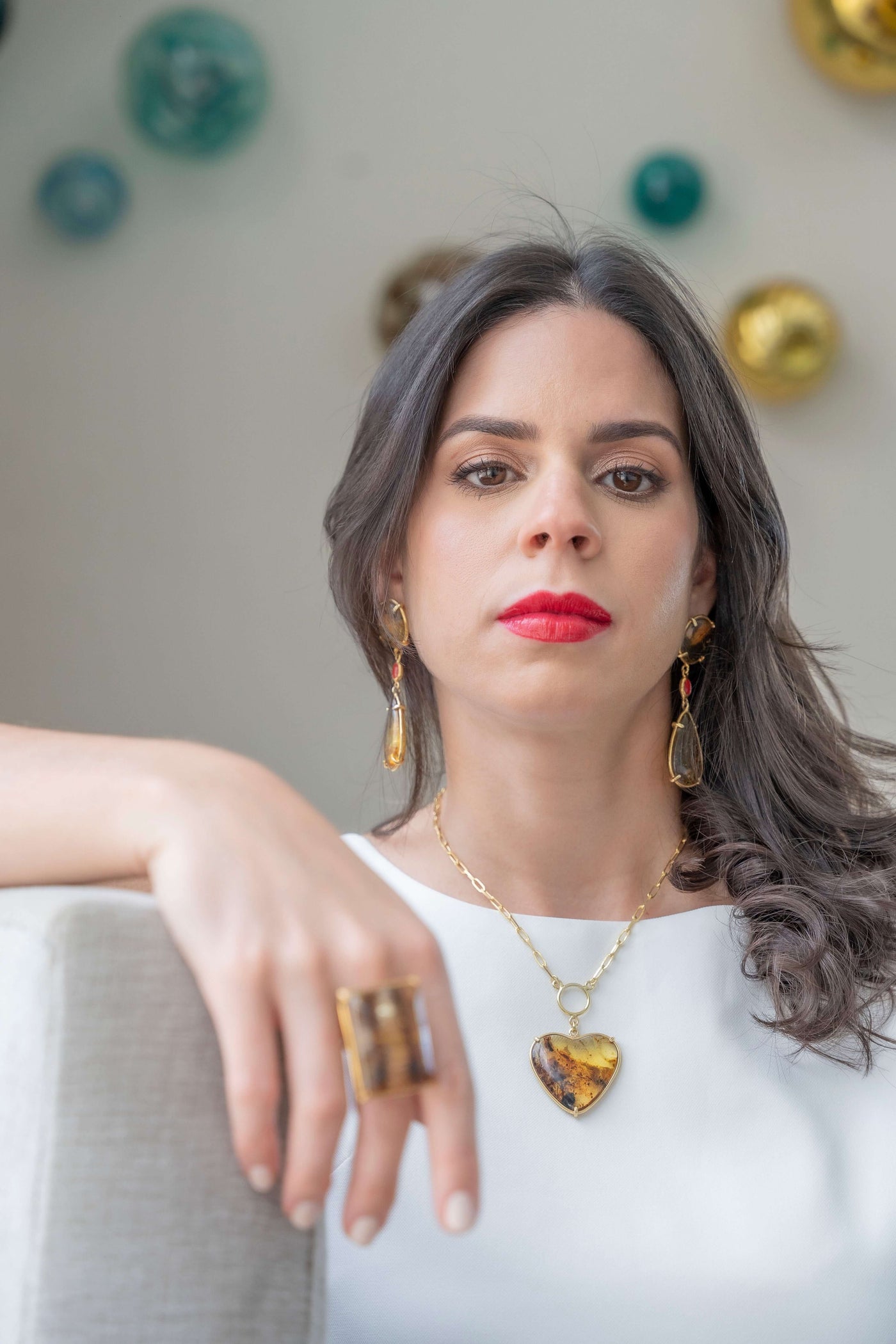 Amber resin heart shaped necklace in sterling silver gold-plated