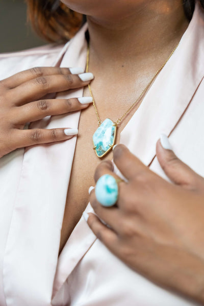 Larimar stone oddly shaped necklace in sterling silver gold-plated