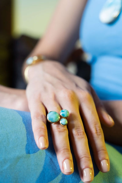 Larimar stones round shaped ring in sterling silver gold-plated