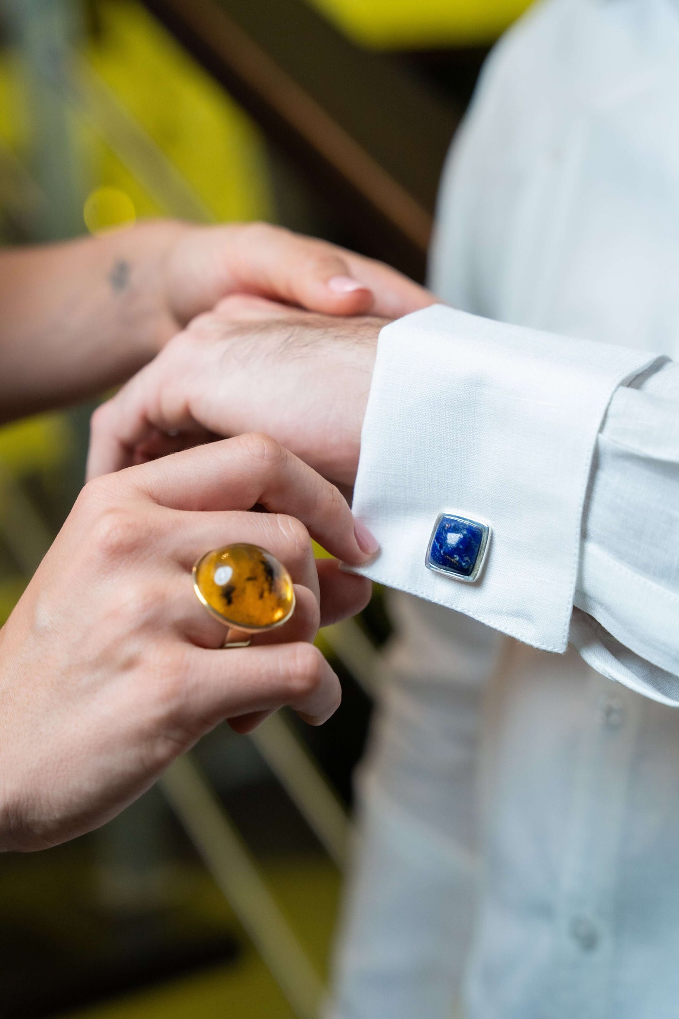 Amber resin round shaped ring in sterling silver gold-plated