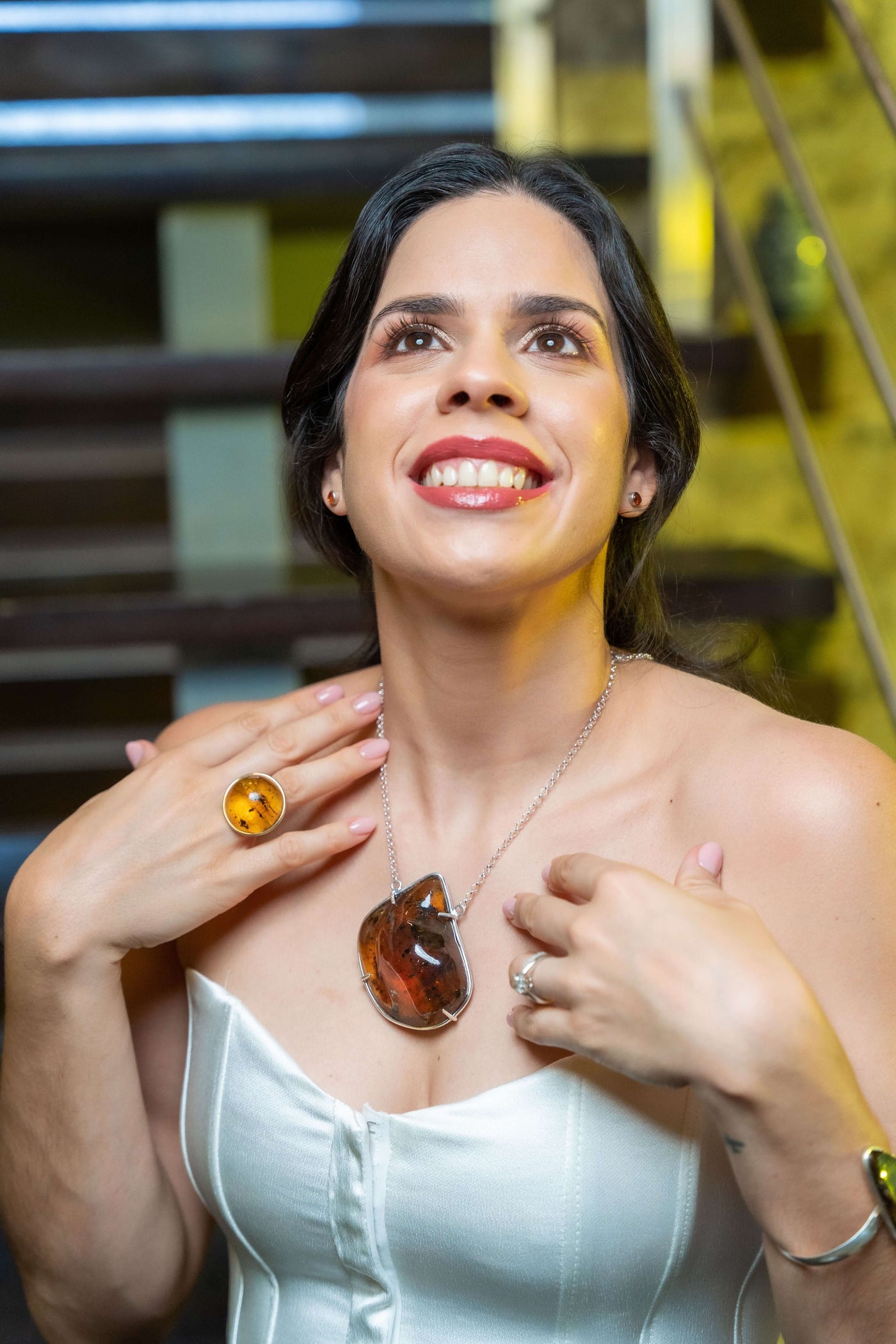 Amber resin round shaped ring in sterling silver gold-plated