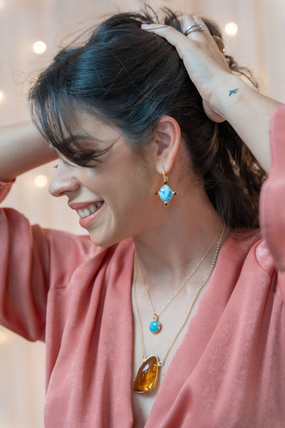 Larimar stone and amber resin round cross hoops