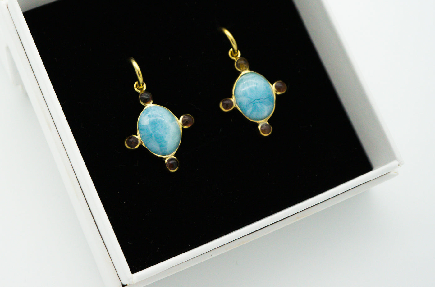 Larimar stone and amber resin round cross hoops