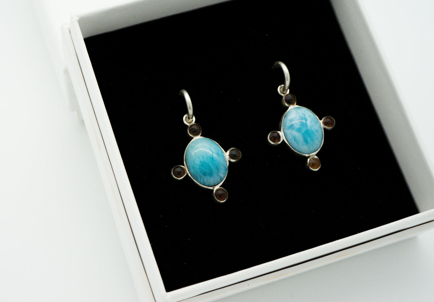 Larimar stone and amber resin round cross hoops